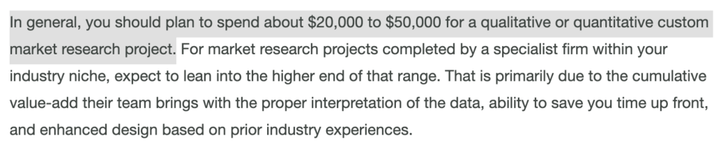 part of text screenshot showing average cost of custom market research of 20 to 50K USD