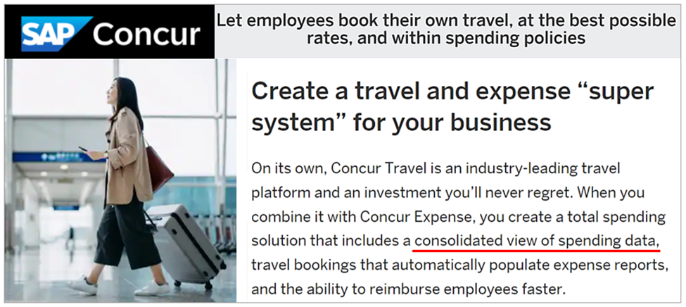 SAP concur tool website screenshot with a brief text overview of the tool in the context of business travel expenses
