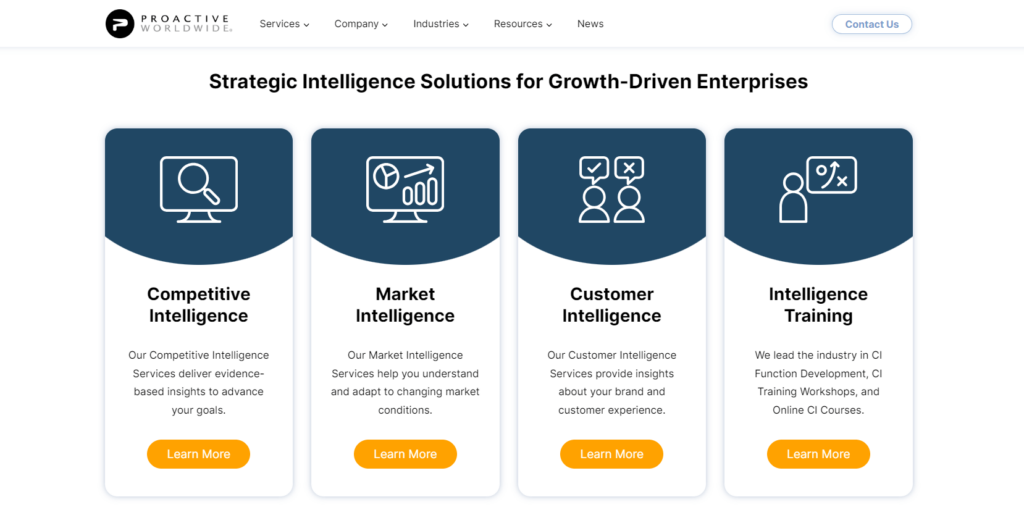 proactive worldwide website screenshot showing they provide competitive, market, and customer intelligence, plus intelligence training