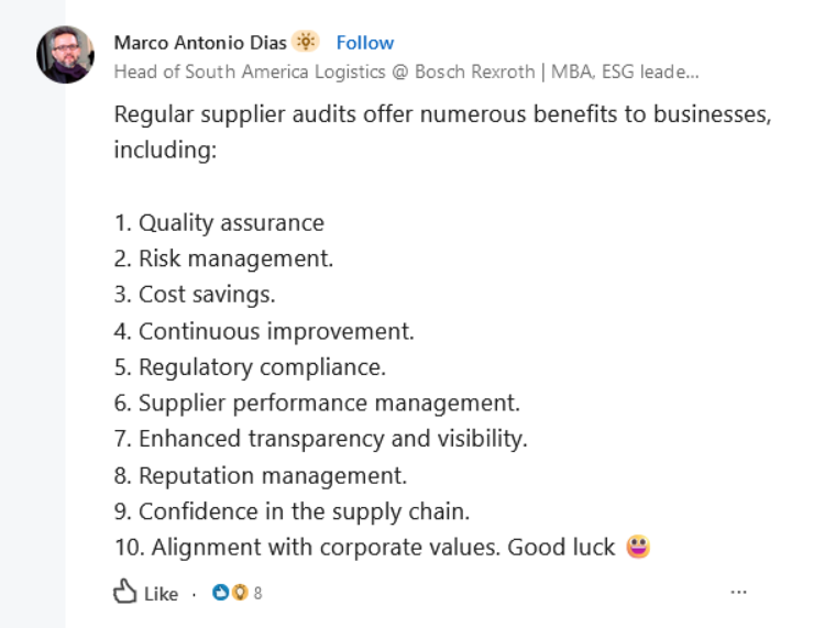 screenshot of a quote about the benefits of regular supplier audits in procurement