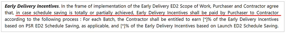 an excerpt from a supplier contract explaining incentives for early deliveries