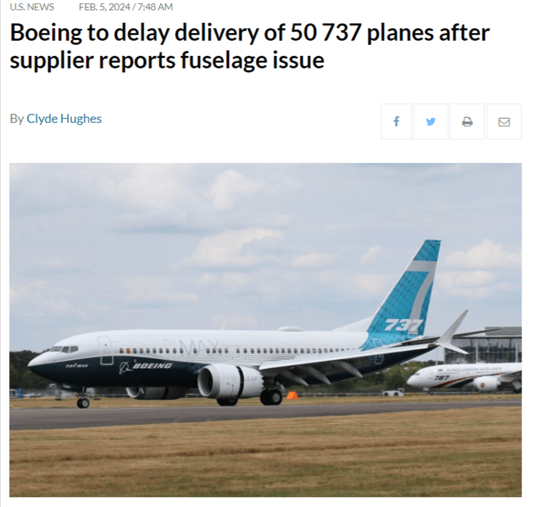 a screenshot of a news article about how Boeing had to stall the delivery of 50 planes because of a mistake their fuselage supplier found in some of their product