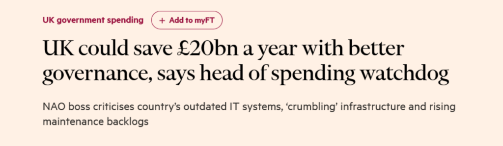 a screenshot of a news article stating that  the audit conducted by Britain's National Audit Office revealed billions of pounds in potential savings through improved procurement practices
