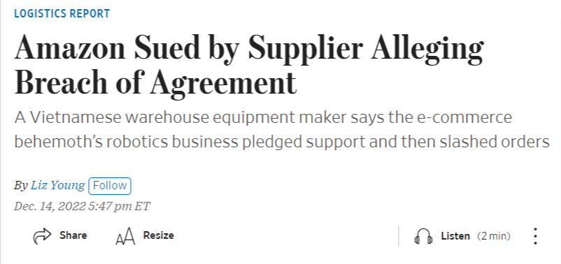 a screenshot of a news article about how amazon was sued by a supplier due to breach of contract
