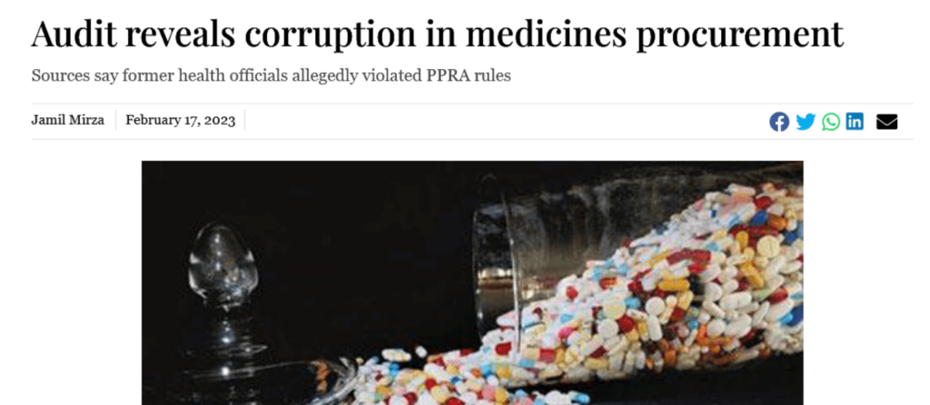 screenshot of a news article about corruption in medicine procurement