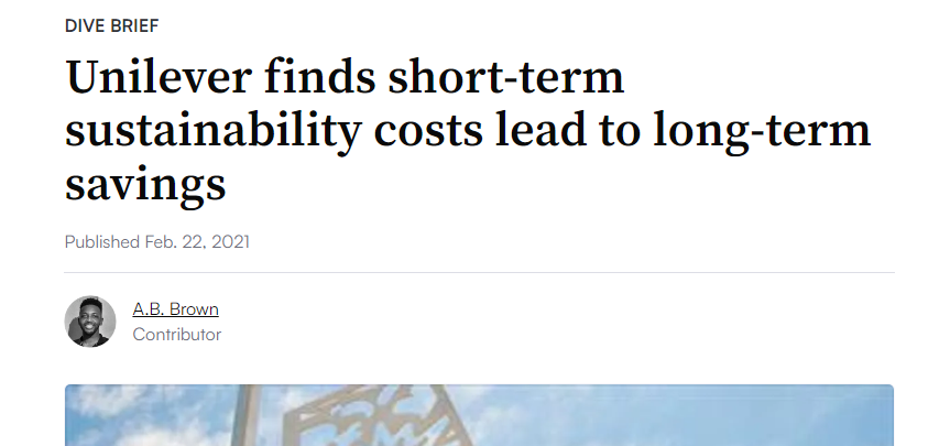 a newspaper article title stating that short term sustainability costs can lead to long term savings