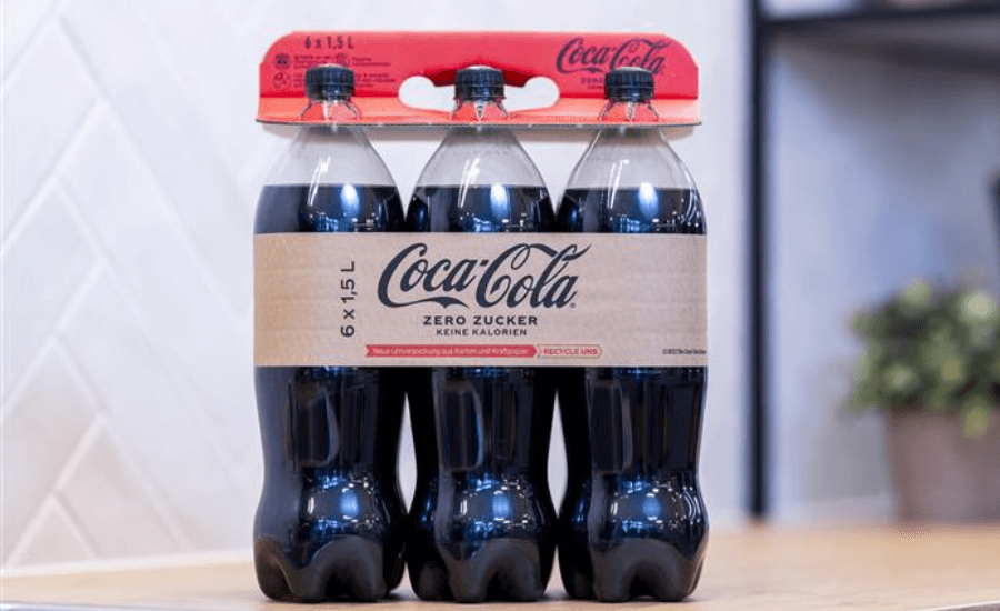 coca cola bottles with high-strength paper sleeve that replaces plastic shrink wrap