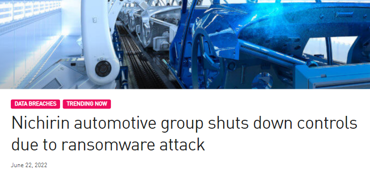 screenshot of an article about how Nichirin automotive group was hit by a ransomware attack