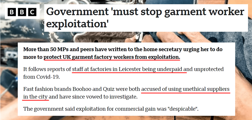 screenshot of an article about worker exploitation