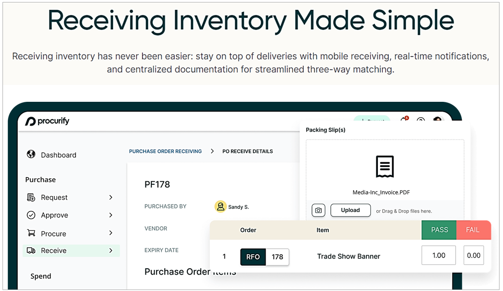 procurify receiving inventory module screenshot