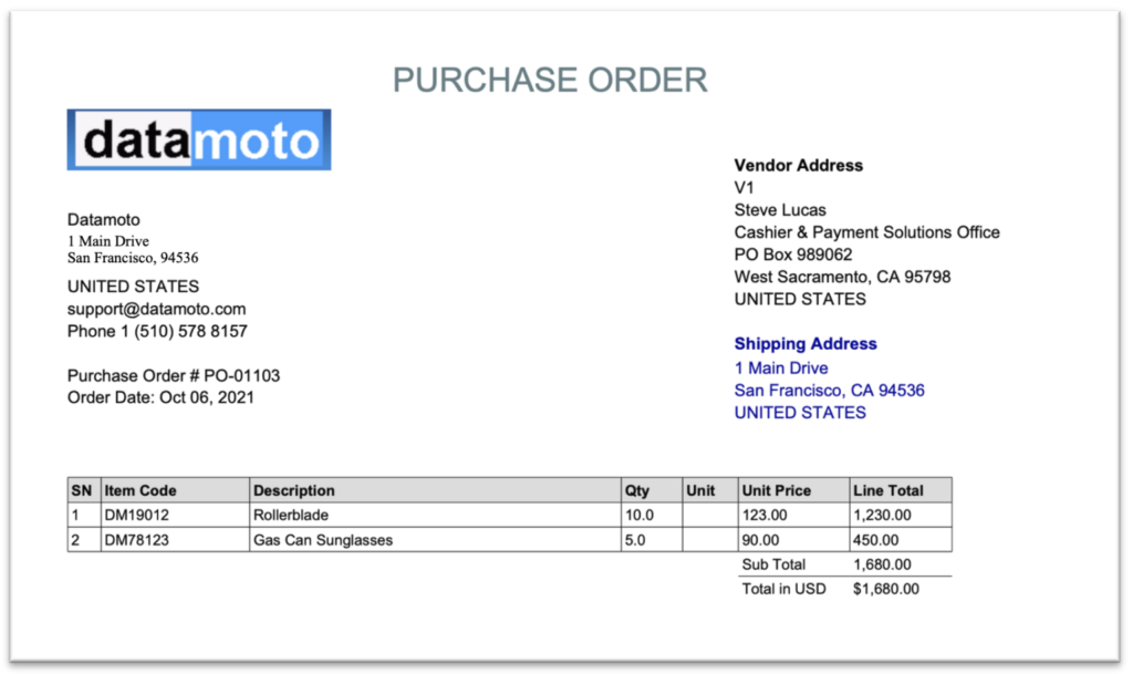 screenshot of a purchase order