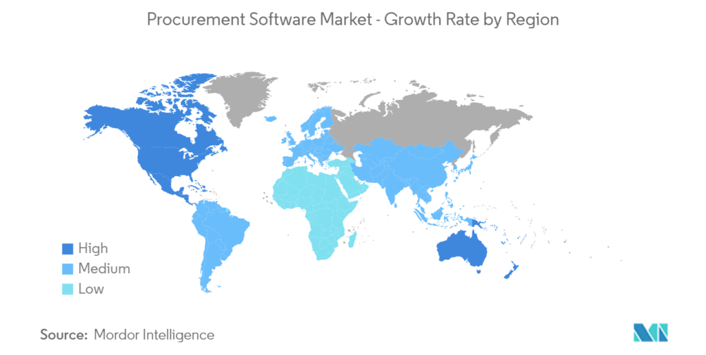 map of the world depicting the growth of the procurement software market by region