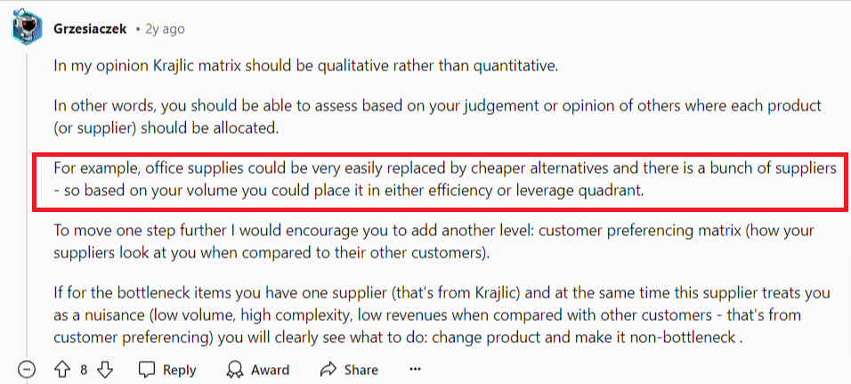 screenshot of a reddit comment about the subjectivity when creating the procurement strategy matrix