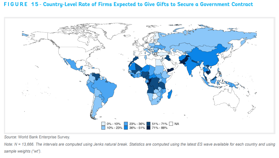 map of the world showing the level of firms expected to give gifts to secure a government contract