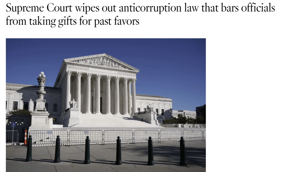 screenshot of a news article headline about how the us supreme ccourt wiped out an anticorruption law