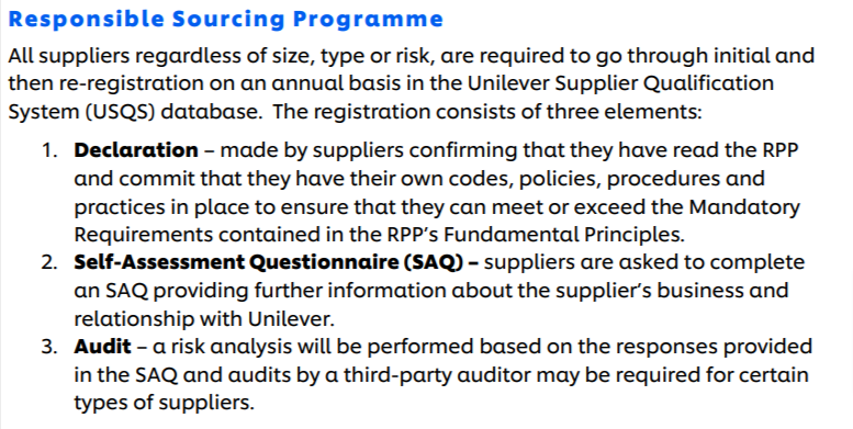 screenshot of the unilever responsible sourcing programme excerpt