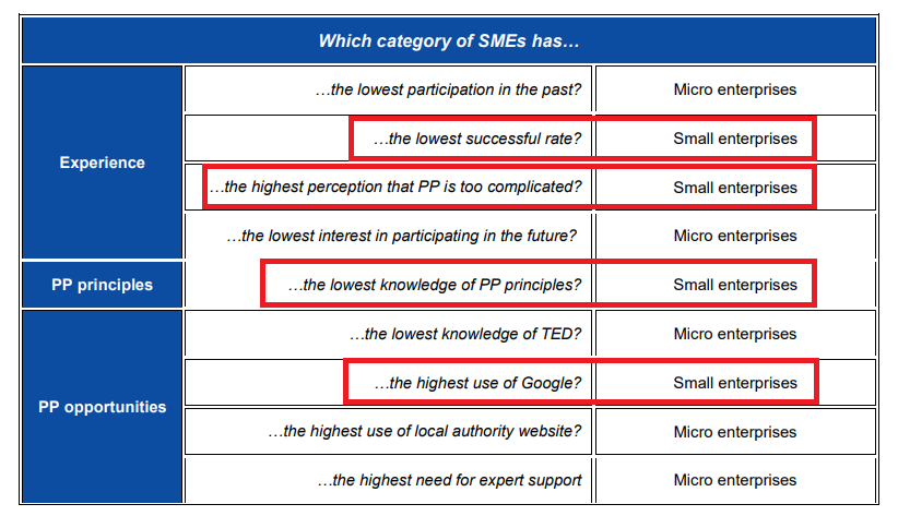 screenshot of a table showing how small enterprises fare in terms of experience and knowledge in public procurement