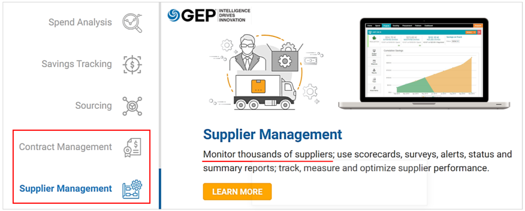 gep supplier management feature screenshot