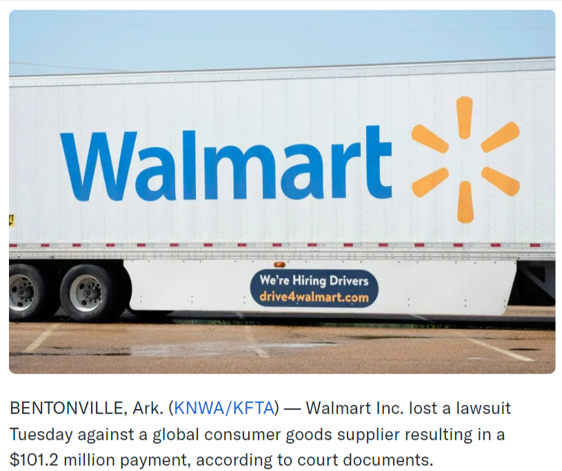 screenshot of a news article about a lawsuit walmart lost