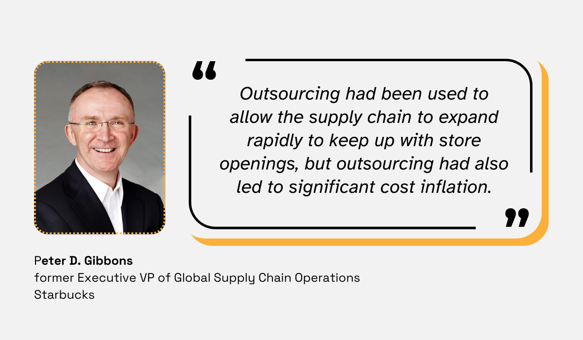 quote on how starbucks used outsourcing to expand their supply chain and the cost inflation it led to