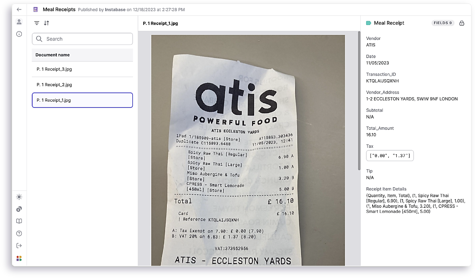 photo of a meal receipt in expense management software