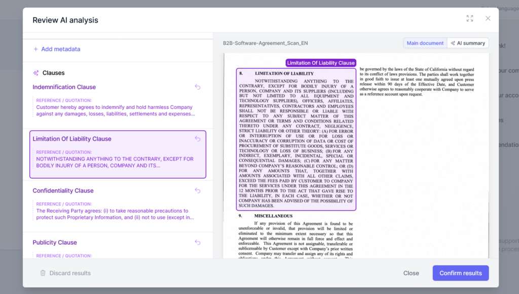 ai for contract analysis screenshot