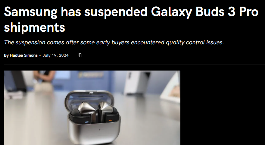 screenshot of a news article about the samsung galaxy buds recall