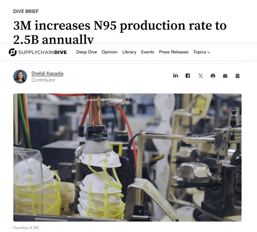 News article about 3M increasing N95 mask production to 2.5 billion annually, featuring a manufacturing process image.