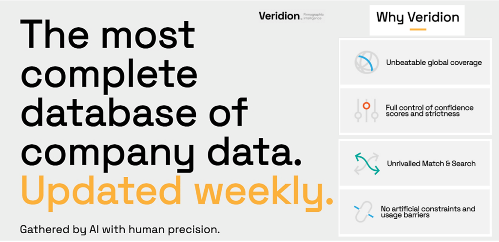 Veridion banner highlighting the most complete database of company data