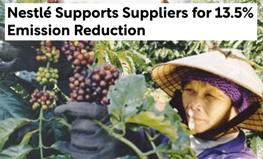 A woman harvesting coffee cherries with the headline "Nestlé Supports Suppliers for 13.5% Emission Reduction"