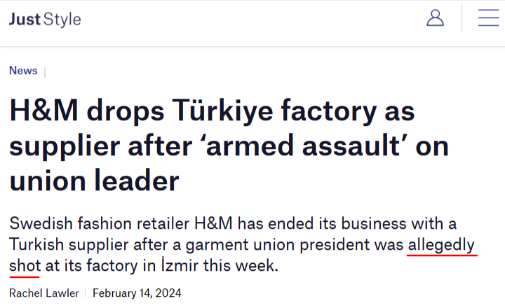 News article with the headline "H&M drops Türkiye factory as supplier after armed assault on union leader"