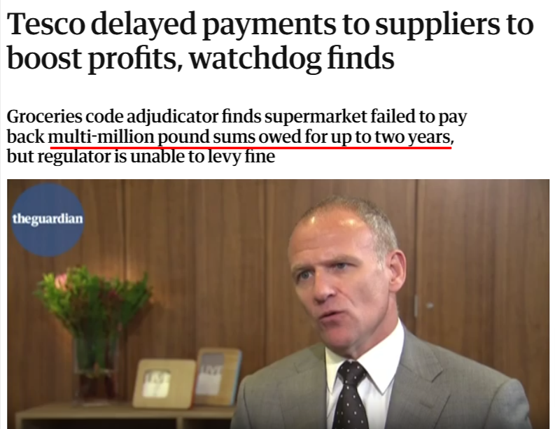 News article with the headline "Tesco delayed payments to suppliers to boost profits, watchdog finds"