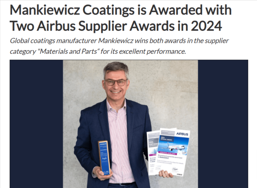 News article with the headline "Mankiewicz Coatings is Awarded with Two Airbus Supplier Awards in 2024"