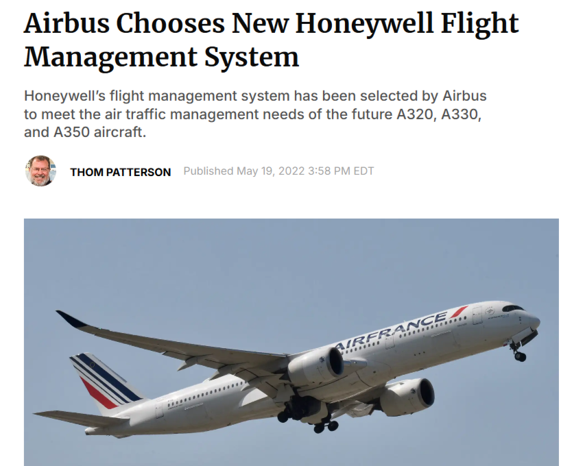 News article with the headline "Airbus Chooses New Honeywell Flight Management System"