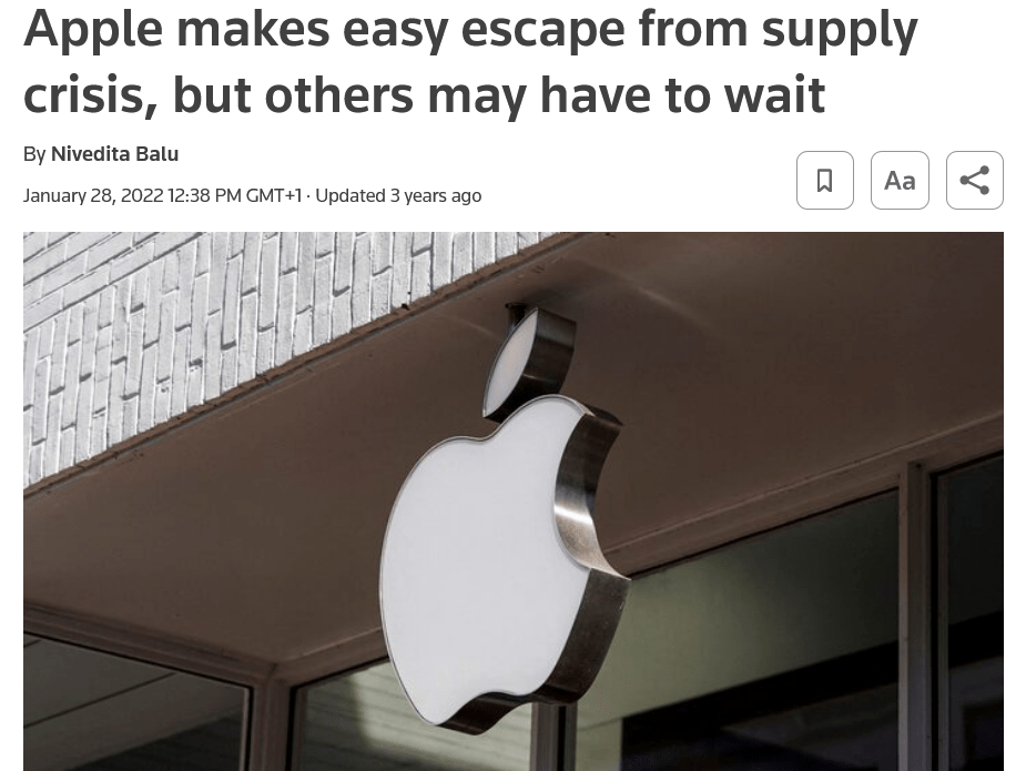 News article with the headline "Apple makes easy escape from supply crisis, but others may have to wait"