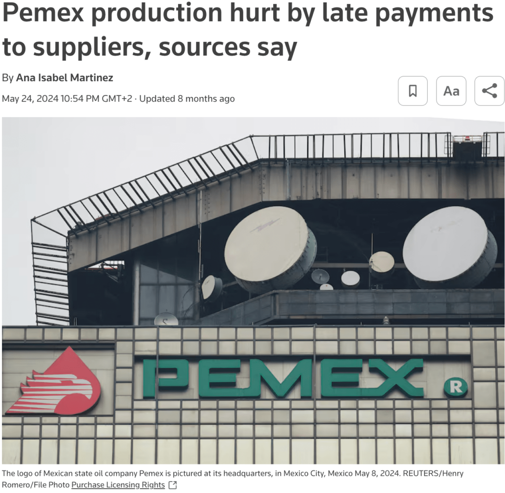 News headline stating "Pemex production hurt by late payments to suppliers"