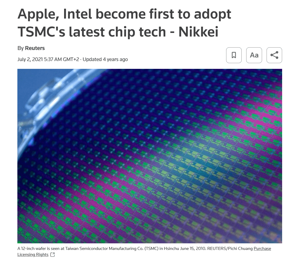 News article about Apple and Intel being the first to adopt TSMC's latest chip technology