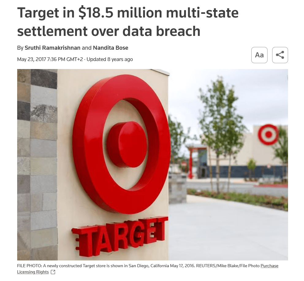 Headline reading "Target in $18.5 million multi-state settlement over data breach"