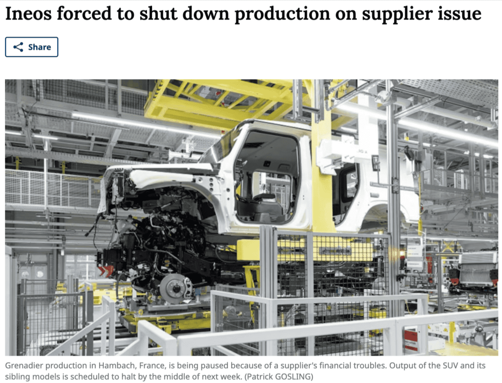 Automotive production line halted at Ineos Grenadier plant in Hambach, France, due to supplier financial issues.