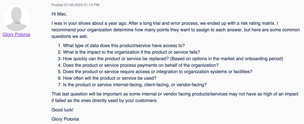 Advice on using a risk rating matrix with key questions on data access, impact, replacement, usage, and integration.