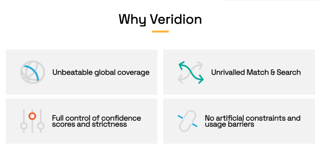 Why Veridion: Offers unbeatable global coverage, unrivaled match and search capabilities, full control over confidence scores, and no artificial usage constraints.