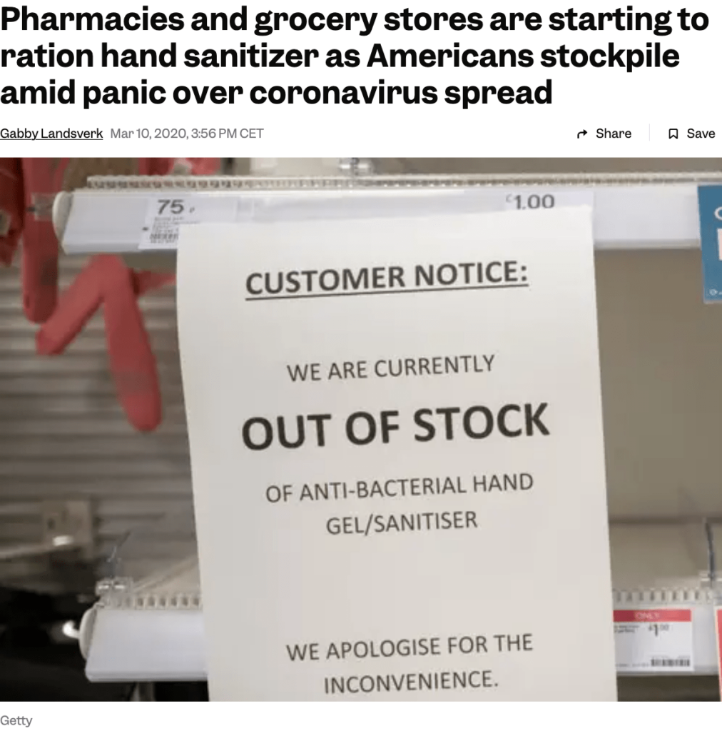 Sign in a store stating "Out of stock" for antibacterial hand sanitizer amid panic buying during coronavirus spread.