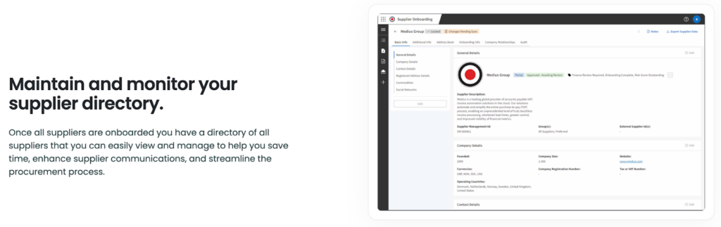 Dashboard for maintaining and monitoring a supplier directory, streamlining procurement, improving communications, and saving time.