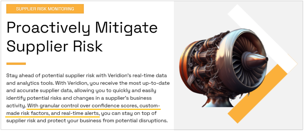 Graphic on mitigating supplier risk with real-time data and analytics, featuring an image of a jet engine.