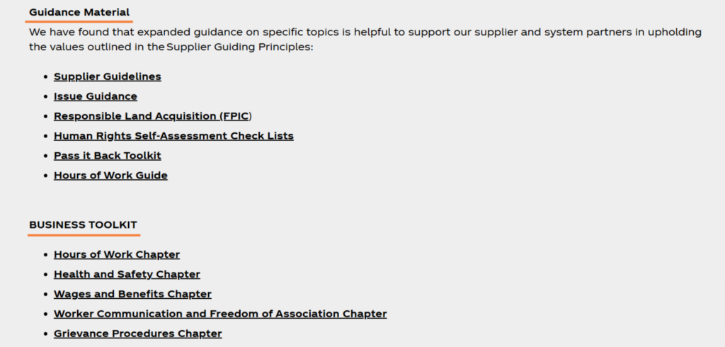 List of guidance materials and business tools supporting supplier principles and practices.