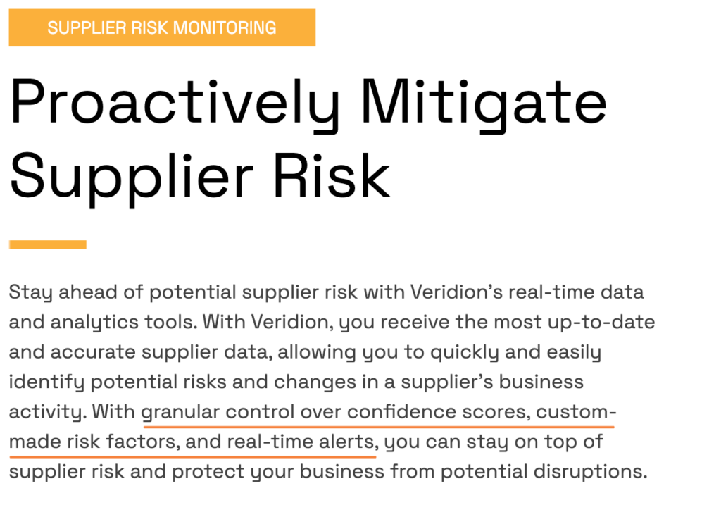 Text highlighting Veridion's supplier risk monitoring tools with features.