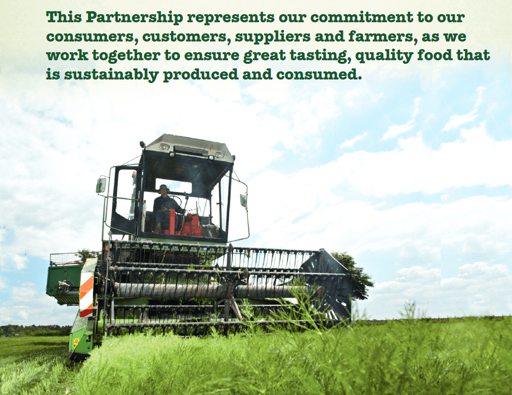 Image of a farmer operating a harvesting machine in a field with an overlay text about Unilever’s commitment to sustainable agriculture, ensuring high-quality food production with suppliers
