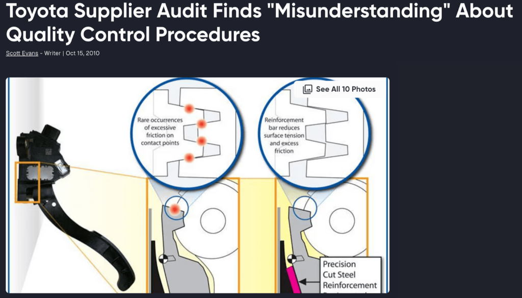 News article heading "Toyota Supplier Audit Finds "Misunderstanding" About Quality Control Procedures"