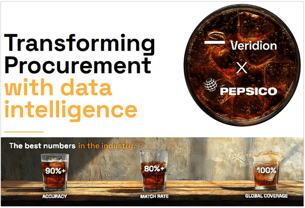 PepsiCo partners with Veridion to enhance procurement using data intelligence, featuring key metrics on accuracy, match rate, and global coverage