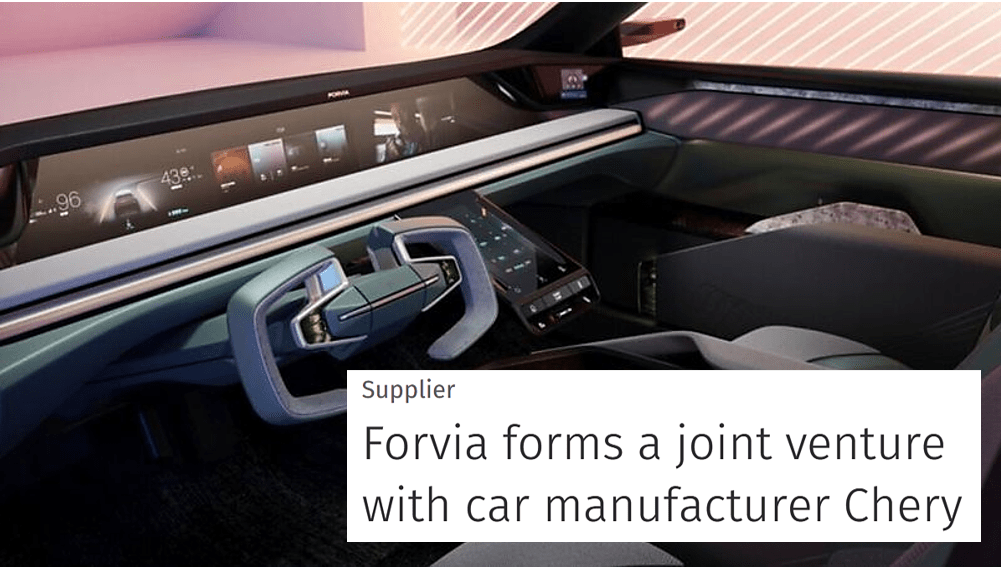 A news headline about a joint venture between car manufacturer Chery and supplier Forvia